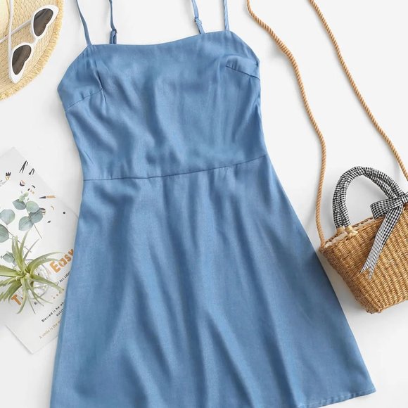 Zaful Dresses & Skirts - ZAFUL Chambray Smocked Back Mini Cami Dress in Light Blue